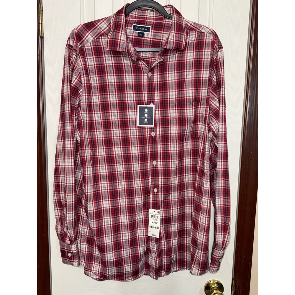 Club‎ Room Plaid LS Button Down Stretch Wrinkle Resistant Shirt Large